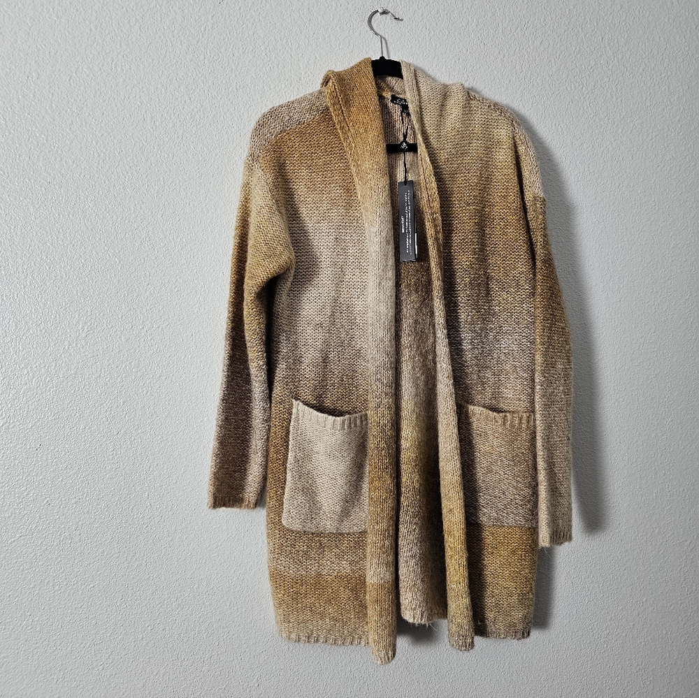 Cozy Hooded Open-Front Women's Cardigan Sweater - Taupe Gradient Sz M